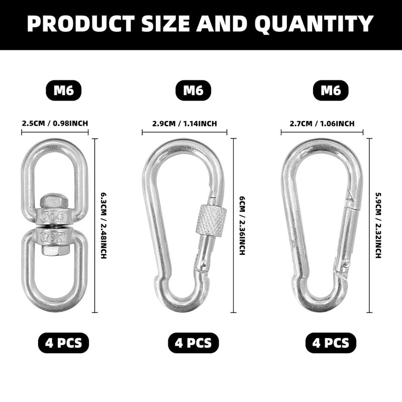 DEELEDM 12Pcs M6 Swivel Ring Double Ended Swivel Eye Hook with M6 Snap Hooks, Stainless Steel Eye to Eye Heavy Duty Swivel Ring Kit for Web Tree Swing, Swing Spinner Hanger, Hanging Rotating Device - Image 2